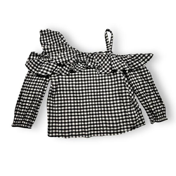 Express Black & White Gingham One Shoulder Ruffle Top Size M - Picture 6 of 10